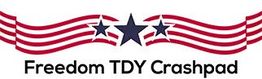 Red and blue stars with wavy stripes above "Freedom TDY Crashpad" text.
