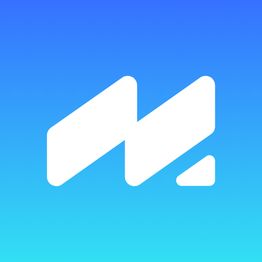 Abstraktes weißes Logo auf blauem Hintergrund, bestehend aus zwei winkelförmigen Formen.