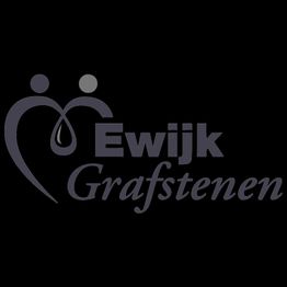 Logo van Ewijk Grafstenen met gestileerde figuren en tekst op een zwarte achtergrond.