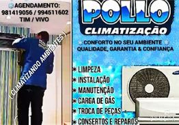 Técnico de uniforme azul instalando ar-condicionado, com informações de contato e serviços oferecidos.
