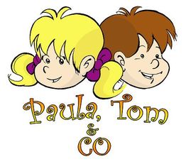 Zwei cartoonartige Kinderköpfe, blondes Mädchen und braunhaariger Junge, mit Text "Paula, Tom & Co".