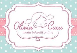 Logo de "Olivia Cucu" con dibujo de niña sonriente, fondo azul de lunares y detalle rosa.