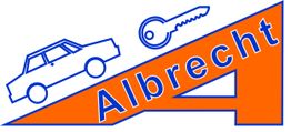 Logo mit Auto, Schlüssel und dem Wort "Albrecht" auf einem orangenen, schrägen Dreieck.