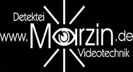 Schwarzes Logo mit weißem Text: "Detektei", "www.Morzin.de", "Videotechnik", und ein Auge im "o".