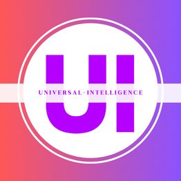 Logo mit den Buchstaben "UI", darunter steht "UNIVERSAL-INTELLIGENCE", Hintergrund rot-blau verlaufend.