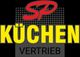 Logo mit rotem "SP" und gelbem "Küchen Vertrieb" auf schwarzem Hintergrund mit grauen Punkten.