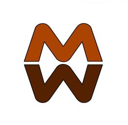 Buchstabe "M" oben gespiegelt als "W" unten, in Braun- und Orangetönen auf weißem Hintergrund.