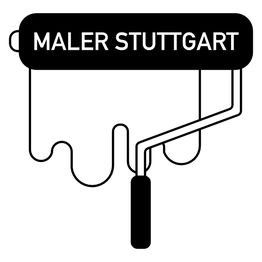 Ein Pinselroller mit der Aufschrift "Maler Stuttgart", umgeben von Farbtropfen.