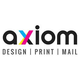 Logo of Axiom with colorful 'x' and text: "DESIGN | PRINT | MAIL".