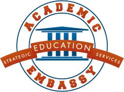 Logo mit rotem Text "Academic Embassy: Strategic Education Services" um ein blaues Gebäude.