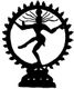 Schwarze Silhouette von Shiva Nataraja, tanzend in einem kreisförmigen Rahmen.