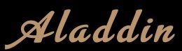 Texto "Aladdin" en fuente cursiva beige sobre fondo negro.