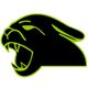 Schwarzer Pantherkopf mit grünem Umriss und geöffnetem Maul, zeigt Fangzähne.