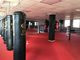 Fitnessstudio mit roten Matten, Boxsäcken und einem Boxring in heller, geräumiger Halle.