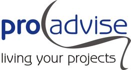 Logo mit Text "proadvise" und Slogan "living your projects".