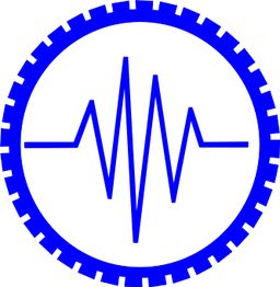 Blaues Elektrokardiogramm-Symbol in einem Zahnradkreis auf weißem Hintergrund.