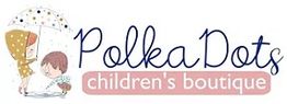 Illustrated logo with kids and an umbrella, saying "Polka Dots children's boutique".