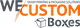 "We Custom Boxes logo with orange and gray text and an open box icon."