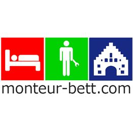 Website-Logo mit Bett, Handwerker und Gebäude, daneben der Text "monteur-bett.com".