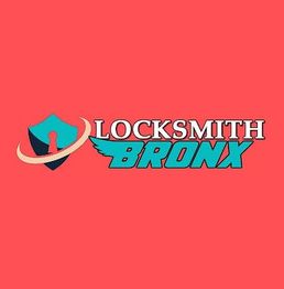 Logo with a shield and key design, text: "Locksmith Bronx" on a red background.