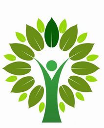 Grüne Figur mit hochgestreckten Armen, umgeben von Blättern in Baumform.