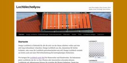 Webseite von Lochbleche4you mit orangefarbenem Lochblech auf einem Dach und Navigation.