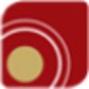 Rotes Quadrat mit gelbem Kreis und gebogenen Linien auf weißem Hintergrund.