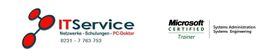 Logo von ITService und Microsoft-Zertifizierung, Text: Netzwerke, Schulungen, PC-Doktor.