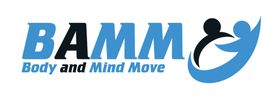 Logo: BAMM Body and Mind Move in blau und schwarz mit Symbol von zwei stilisierten Personen.