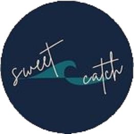 Logo with "sweet catch" text and a stylized wave inside a dark blue circle.