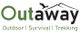Logo mit Text "Outaway: Outdoor, Survival, Trekking". Vogel und Berggrafik über dem Text.