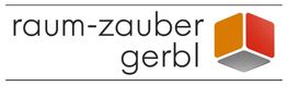 Logo von "raum-zauber gerbl" mit orange-grauem Würfel und minimalistischem Design.