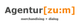 Logo mit Text "Agentur[zu:m] merchandising + dialog" in Schwarz und Orange.