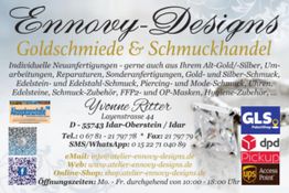 Visitenkarte von Ennovy-Designs, Goldschmiede und Schmuckhandel mit Kontaktinformationen.