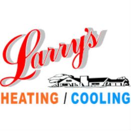 Larry's Heating and Cooling logo with a house illustration, red, orange, and blue text.