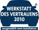 Blaues Auto-Symbol mit Text "Werkstatt des Vertrauens 2010, ausgewählt vom Autofahrer".