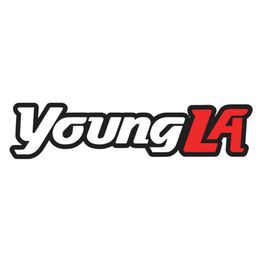 "YoungLA logo with bold white and red text on a black outlined background."
