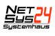 Logo mit dem Text "NetSys24 Systemhaus", schwarze und rote Schrift auf weißem Hintergrund.