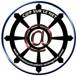 Icône avec un gouvernail et un symbole @. Texte: C@P SUR LE NET, web-communication-entreprise.com.