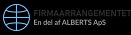 Logo med teksten "FIRMAARRANGEMENTET, En del af ALBERTS ApS" og et blåt verdensikon.