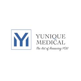 Logo of Yunique Medical with slogan "The Art of Renewing You" beside a blue square design.