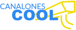 Logotipo con texto "Canalones Cool" en azul y amarillo, junto a un gráfico de un canalón.