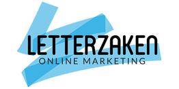 Logo van Letterzaken, Online Marketing, met blauwe strepen op achtergrond.