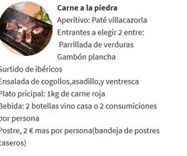 Menú de Carne a la piedra con aperitivos, entradas, plato principal, bebida y postre.