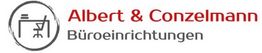 Logo mit Schreibtisch-Icon, Text "Albert & Conzelmann Büroeinrichtungen" in Rot und Grau.