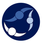 Ein blaues, kreisförmiges Logo mit drei verbundenen weißen und blauen Spiralelementen.
