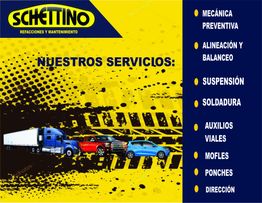 Imagen de un anuncio de servicios automotrices con lista: mecánica, alineación, suspensión, etc.