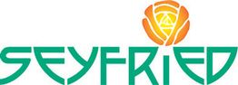 Schriftzug "SEYFRIED" in Grün mit einem gelben-orangefarbenen Rosensymbol oben rechts.