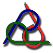 Abstract design with overlapping red, blue, and green curved lines on a black background.