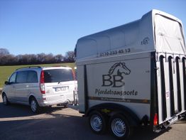 Silberner Van zieht einen schwarzen Pferdeanhänger auf einer Straße, in ländlicher Umgebung.